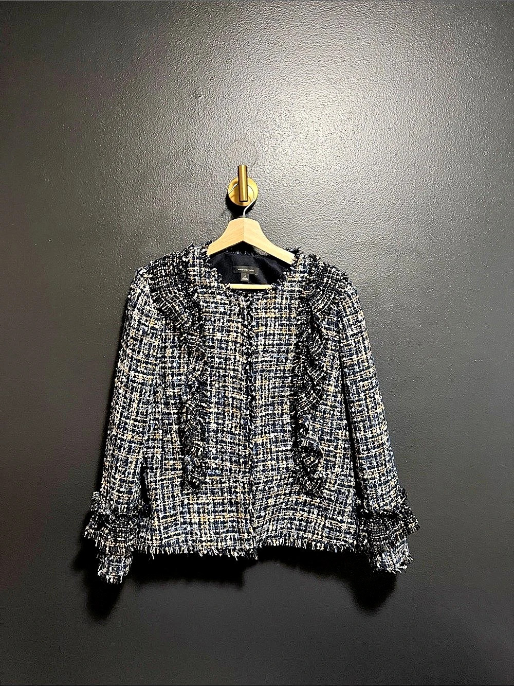 Ann Taylor Tweed Fringe Jacket in Blue & Black Size 12 Like New